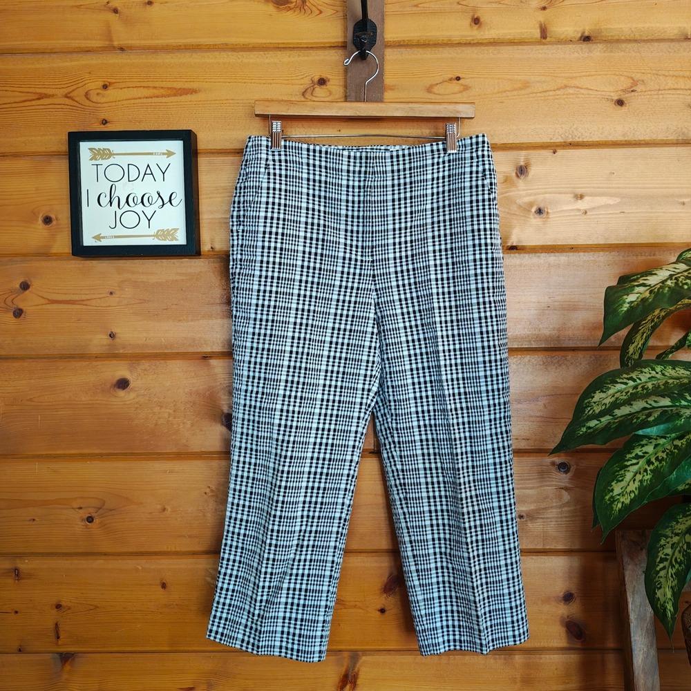 Talbots Capri Crop Pant Stretch Black White Gingham Plaid Seersucker 10(32) x22"